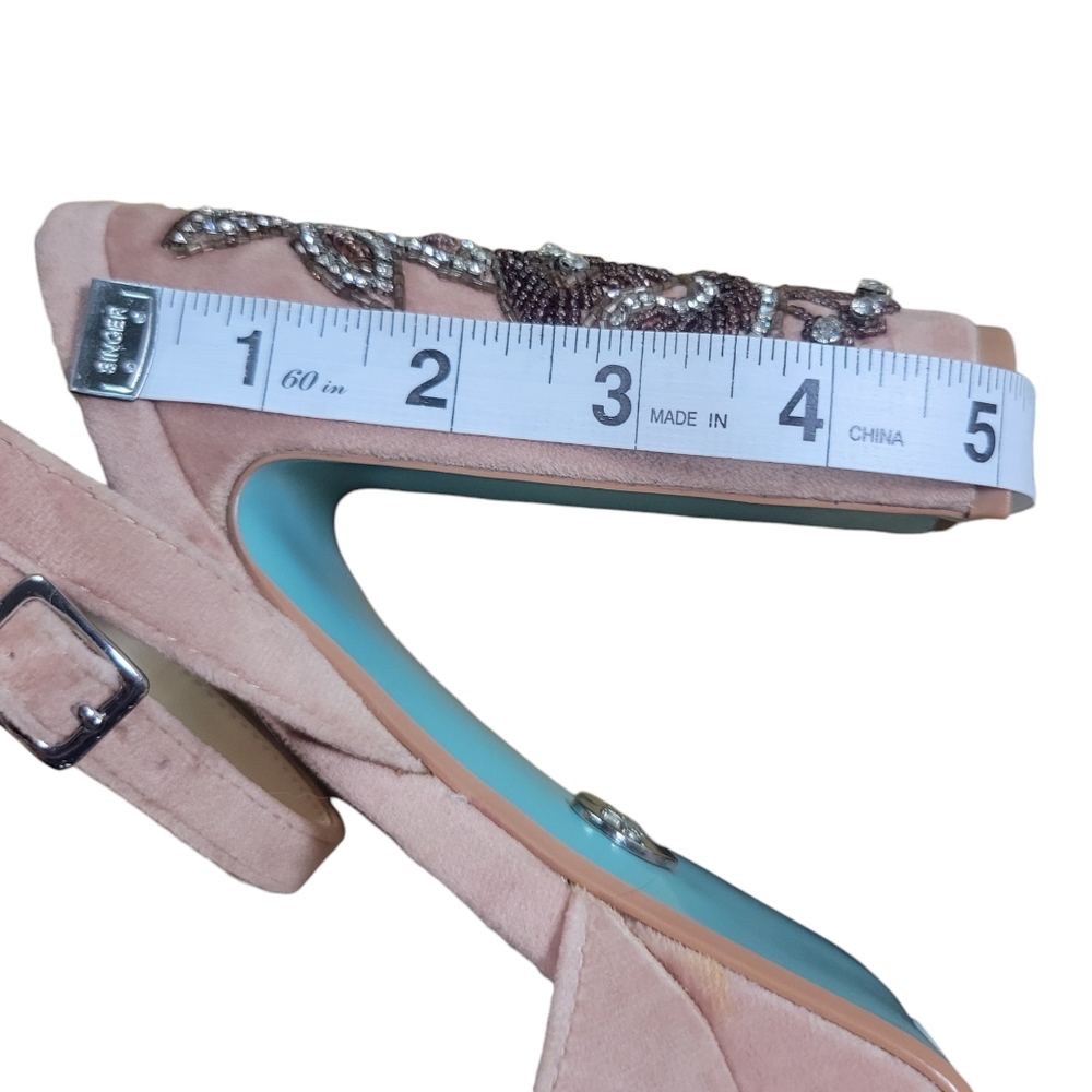 Betsey Johnson Blush Pink Velvet Platform Heels with Embellished Block Heel - Picture 14 of 15